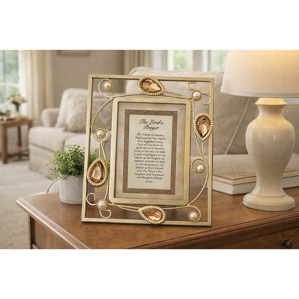 The Lord's Prayer Gold Tone Decorative Frame With Pearls And Faceted Stones